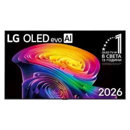 Предният изглед на LG OLED evo AI C6, пуснат на пазара през 2026 г., се отличава с тънка черна рамка и ярък, изваян вихър от многослойни дъгови тонове, които се разстилат по екрана.2