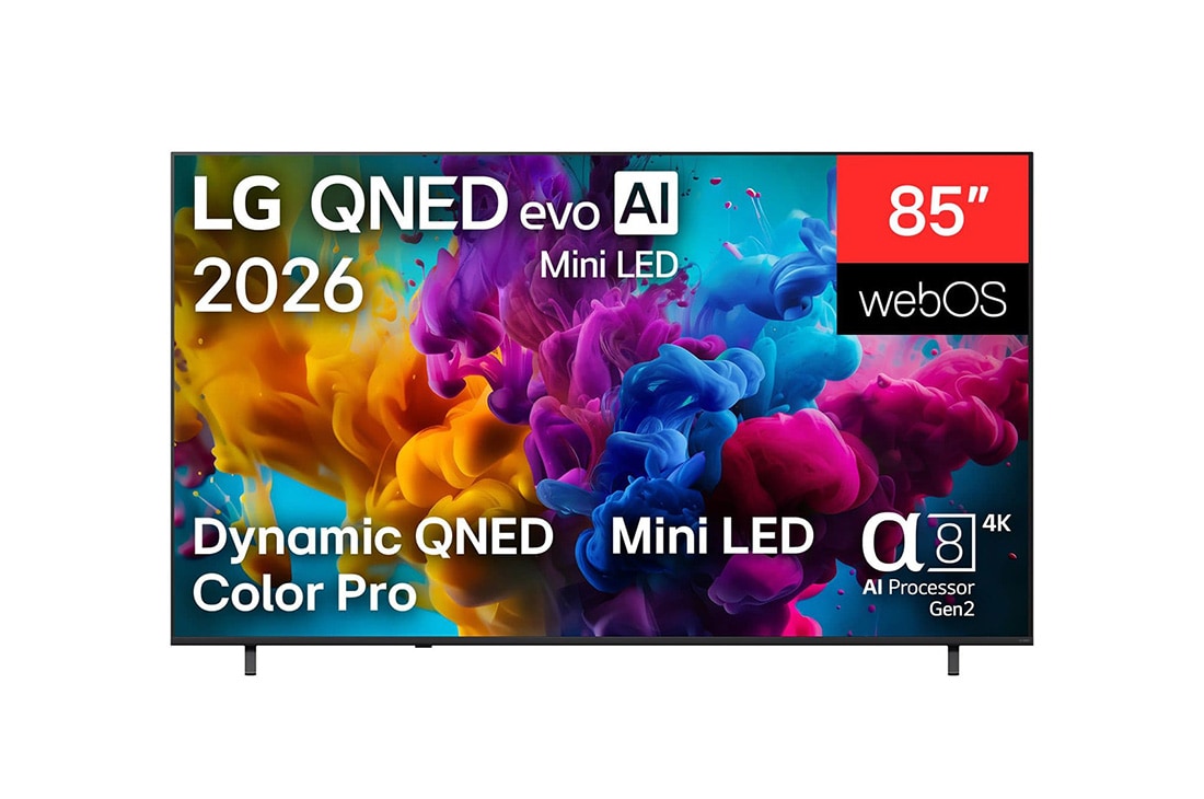 LG 85-инчов LG QNED evo AI Mini LED QNED8M 4K Smart TV 2026, Изглед отпред на LG QNED evo AI Мини светодиод QNED8M, пуснат през 2026 г., показва ярки, плавни изблици на плътни облаци от цвят на екрана, с Dynamic QNED Color Pro, Мини светодиод, процесор alpha 8 , 85QNED8MB6A, thumbnail 2