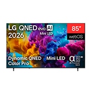 LG 85-инчов LG QNED evo AI Mini LED QNED8M 4K Smart TV 2026, Изглед отпред на LG QNED evo AI Мини светодиод QNED8M, пуснат през 2026 г., показва ярки, плавни изблици на плътни облаци от цвят на екрана, с Dynamic QNED Color Pro, Мини светодиод, процесор alpha 8 , 85QNED8MB6A, thumbnail 2