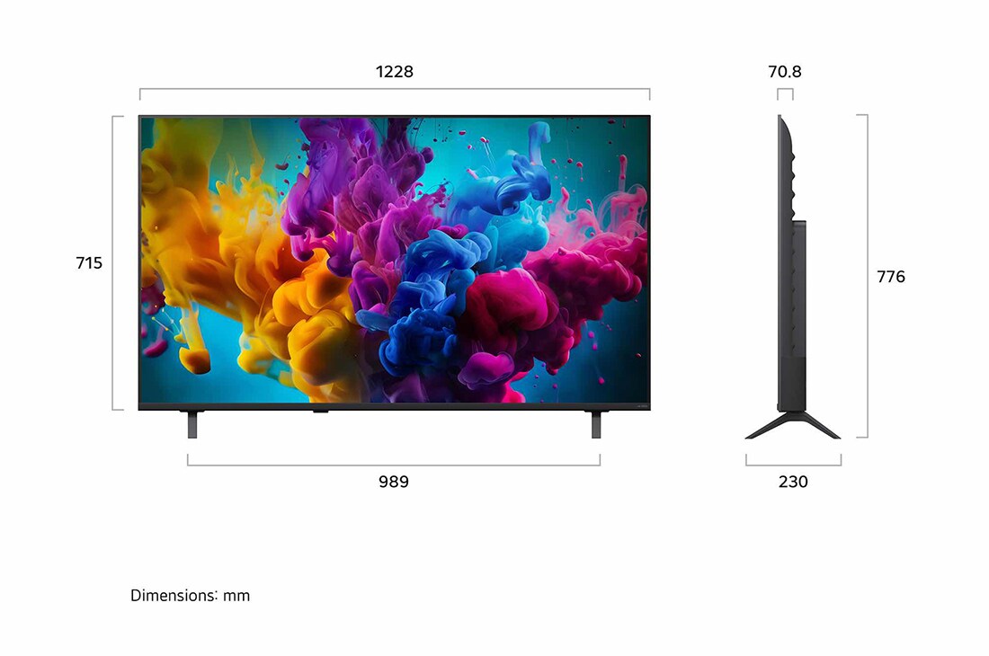 LG 55-инчов LG QNED evo AI Mini LED QNED8M 4K Smart TV 2026, LG QNED evo AI Mini светодиод QNED8M, показан отпред и отстрани, подчертава 55" дисплей с ширина на екрана 1228 мм, височина на екрана 715 мм, височина със стойка 776 мм, дълбочина на профила 70,8 мм , 55QNED8MB6C, thumbnail 2