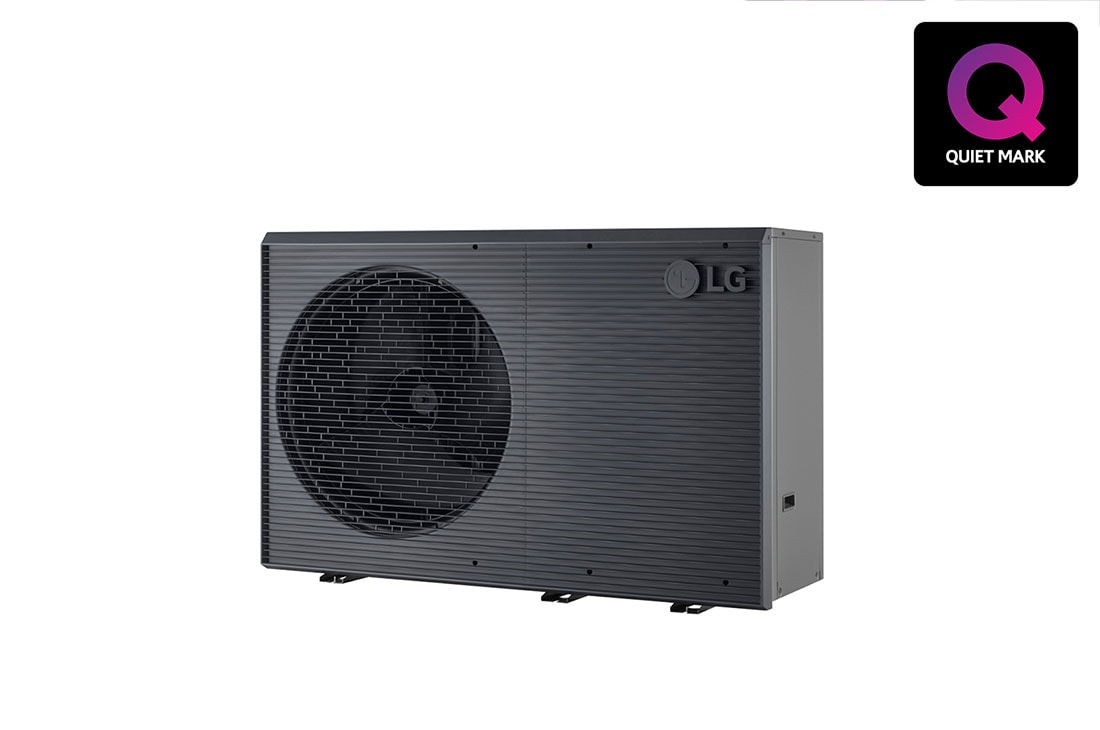 LG R290 Monobloc Hydro Unit, 1Ø, 12kW, Термопомпа въздух-вода THERMA V от LG, Външно тяло в черен цвят със сива вълнообразна решетка, R290 Hydrosplit
