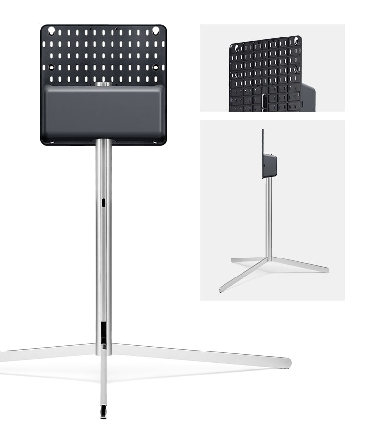 Изглед отзад на стойка Gallery с близък план на съединяващата скоба и страничен изглед на стойка Gallery, обърната наляво.