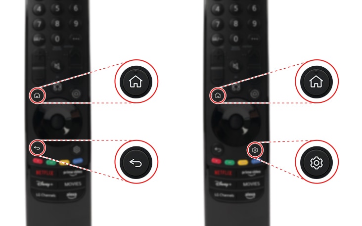 Изображение на 2 дистанционни LG Magic Remote, ляво с уголемени бутони HOME и BACK, дясно - уголемени бутони Home и Settings.