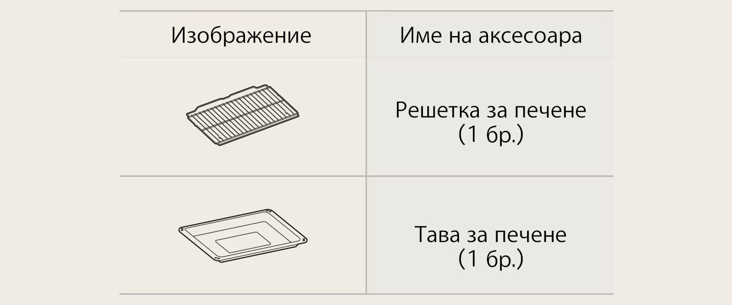 Изображение на аксесоари за фурната: решетка за печене и тава за печене.