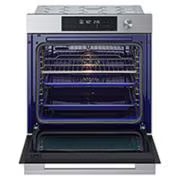 LG InstaView™ фурна за вграждане, EasyClean™ и ThinQ™ технология, 76L капацитет, LG фурна за вграждане, изглед отгоре и отпред, с отворена врата, видима решетка и тави, технология EasyClean™ и 76 л. обем., WSED7612S, thumbnail 5