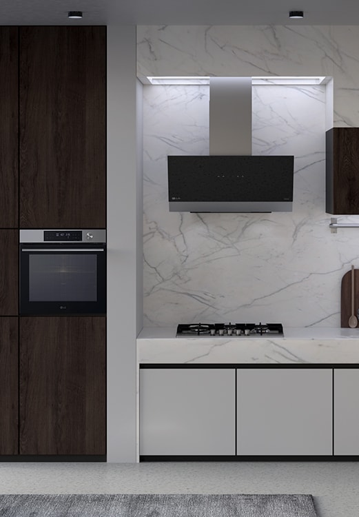 Кухня с вградена фурна, аспиратор и газова котлони LG.