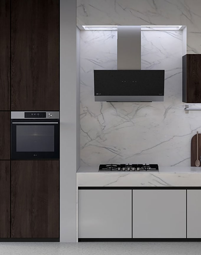 Кухня с вградена фурна, аспиратор и газова котлони LG.