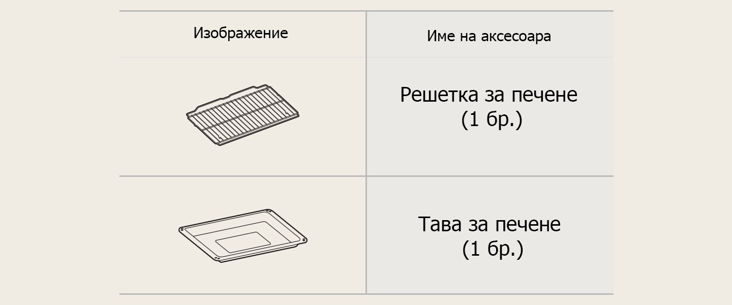 Изображение на аксесоари за фурната: решетка за печене и тава за печене.