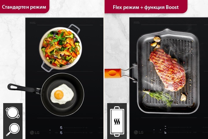 Индукционен плот LG, от ляво две готварски зони в стандартен режим, от дясно обединени готварски зони с Flex и Boost.