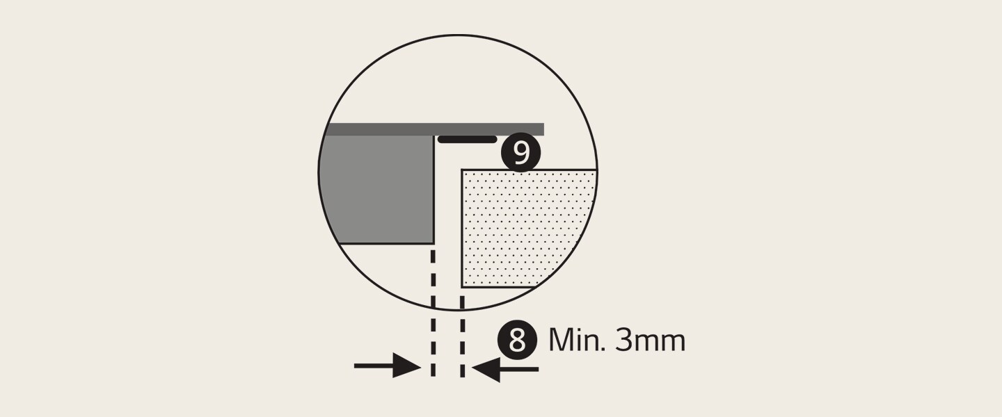 Изображение, показващо необходимото странично разстояние за вграждане на индукционния плот.