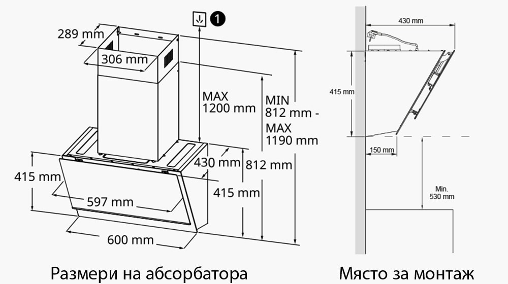 Размери за монтаж на абсорбатор LG.