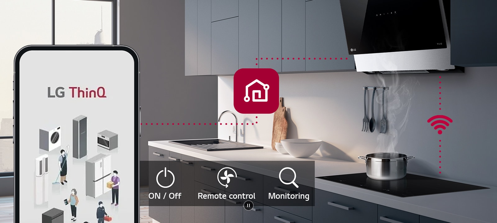 Абсорбатор на LG и смартфон, свързани чрез ThinQ™. Икона показва: включване/изключване, дистанционно управление, мониторинг.