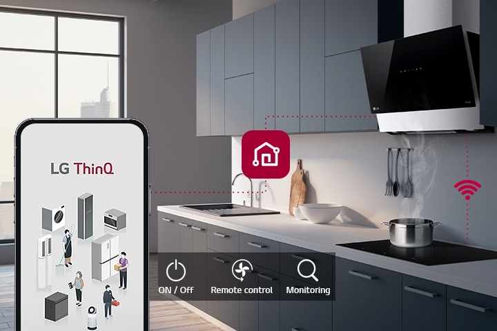 Абсорбатор на LG и смартфон, свързани чрез ThinQ™. Икона показва: включване/изключване, дистанционно управление, мониторинг.