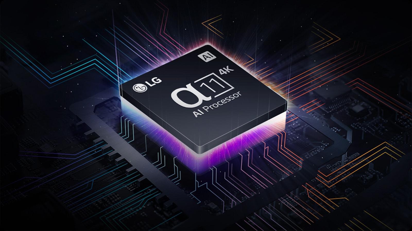 LG alpha 11 AI Processor едва се вижда в тъмното. Процесорът с AI светва в лилаво и розово и от него излизат разноцветни лъчи светлина. По дънната платка се появяват още болтове, които се разтягат допълнително.