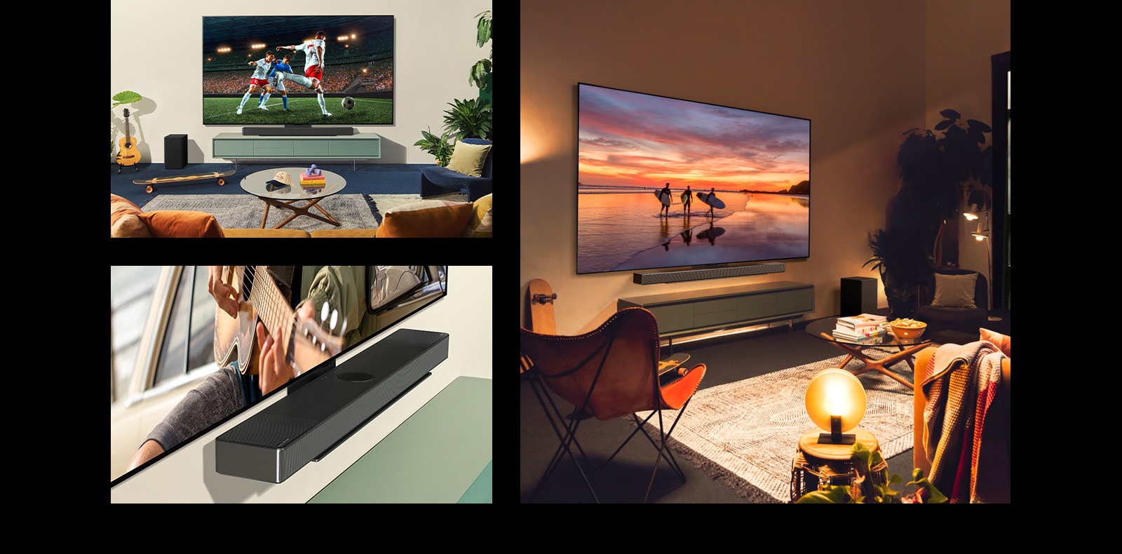 Изглед от страничния профил на LG OLED evo C4, показващ пейзажна фотография в небрежна всекидневна в бохемски стил в меки светлини.   Две жени се наслаждават и се радват на футболния мач, който се играе на LG OLED evo C4 в светла и непринудена всекидневна. LG Саундбар SC9 се прикрепя внимателно към телевизора.   Ъглов изглед на LG OLED evo C4, прикрепен към LG Саундбар SC9 със Synergy Bracket. 