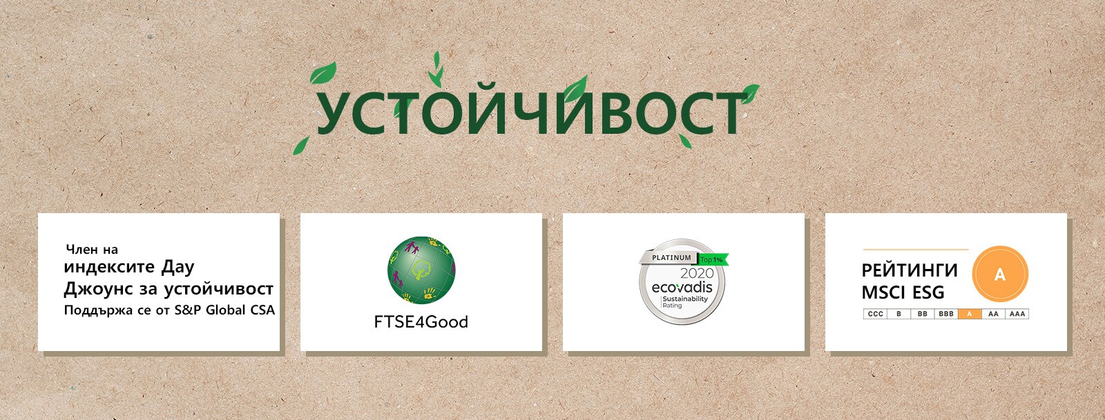 Лого на индексите Дау Джоунс за устойчивост.Лого на FTSE4Good.Лого на рейтинга за устойчивост Еcovadis.Лого на рейтингите MSCI ESG.