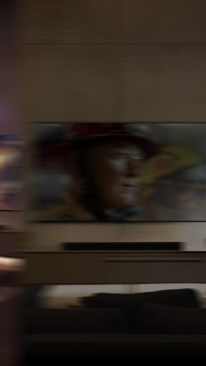 LG OLED телевизор е в уютна всекидневна стая през нощта. Докато филмът се възпроизвежда, се появяват мехурчета, изобразяващи съраунд.