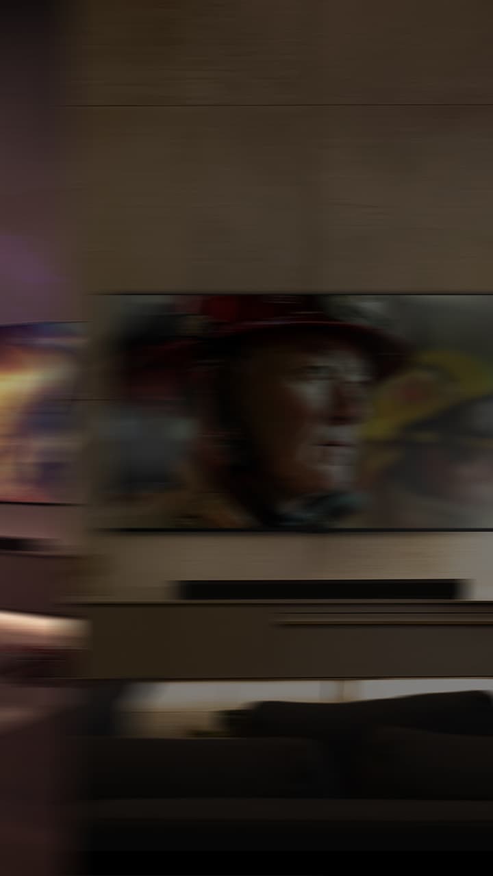 LG OLED телевизор е в уютна всекидневна стая през нощта. Докато филмът се възпроизвежда, се появяват мехурчета, изобразяващи съраунд.
