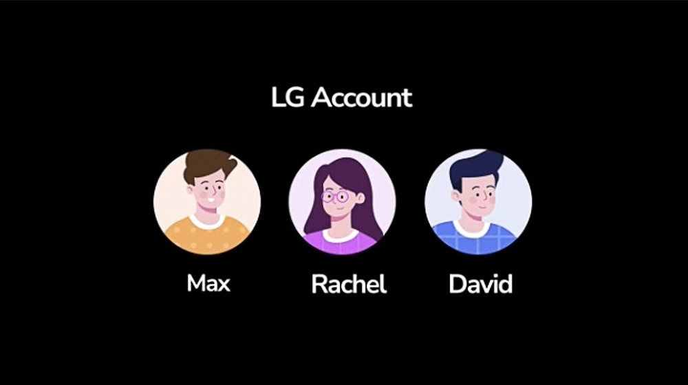 Há pictogramas de três usuários na conta LG. Os nomes abaixo de cada rosto são Max, Rachel e David.