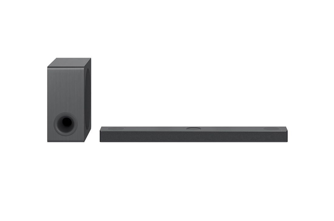 LG Home Theater Sound Bar LG S80QY​, Vista frontal com subwoofer e alto-falantes traseiros, S80QY