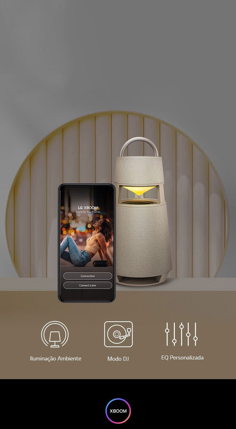 Telefone celular com app xboom na tela e produto XBOOM 360 sobre fundo quente.