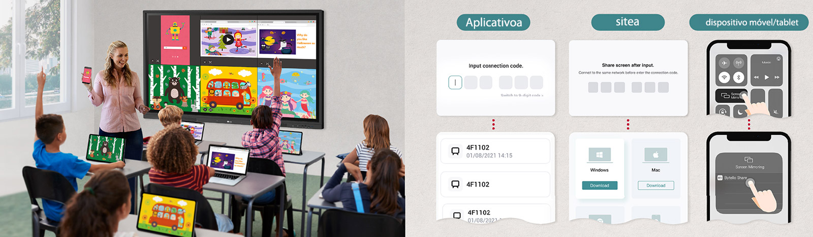 O LG CreateBoard pode facilmente compartilhar telas com vários dispositivos em tempo real por meio de aplicativo e site.