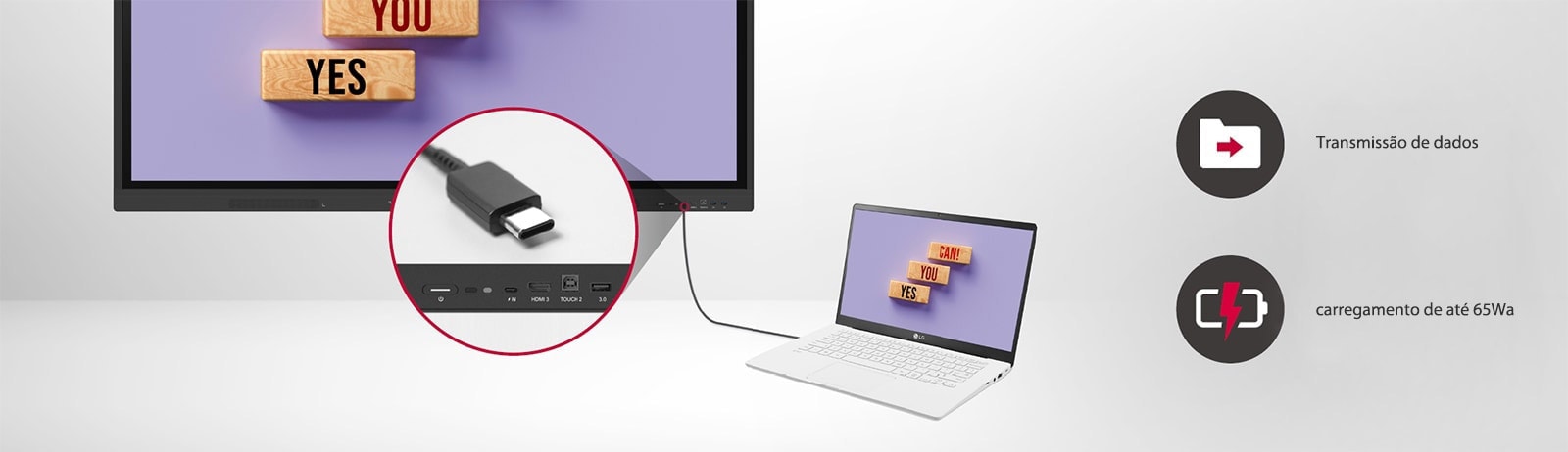 O LG CreateBoard transmite dados facilmente por meio da conectividade USB-C e pode fornecer carga de até 65 W.