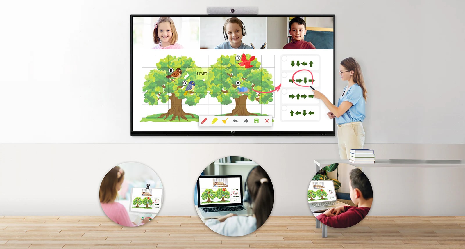 Quando a mulher marca no quadro digital, a marcação também aparece na tela dos dispositivos eletrônicos das crianças, ao mesmo tempo.