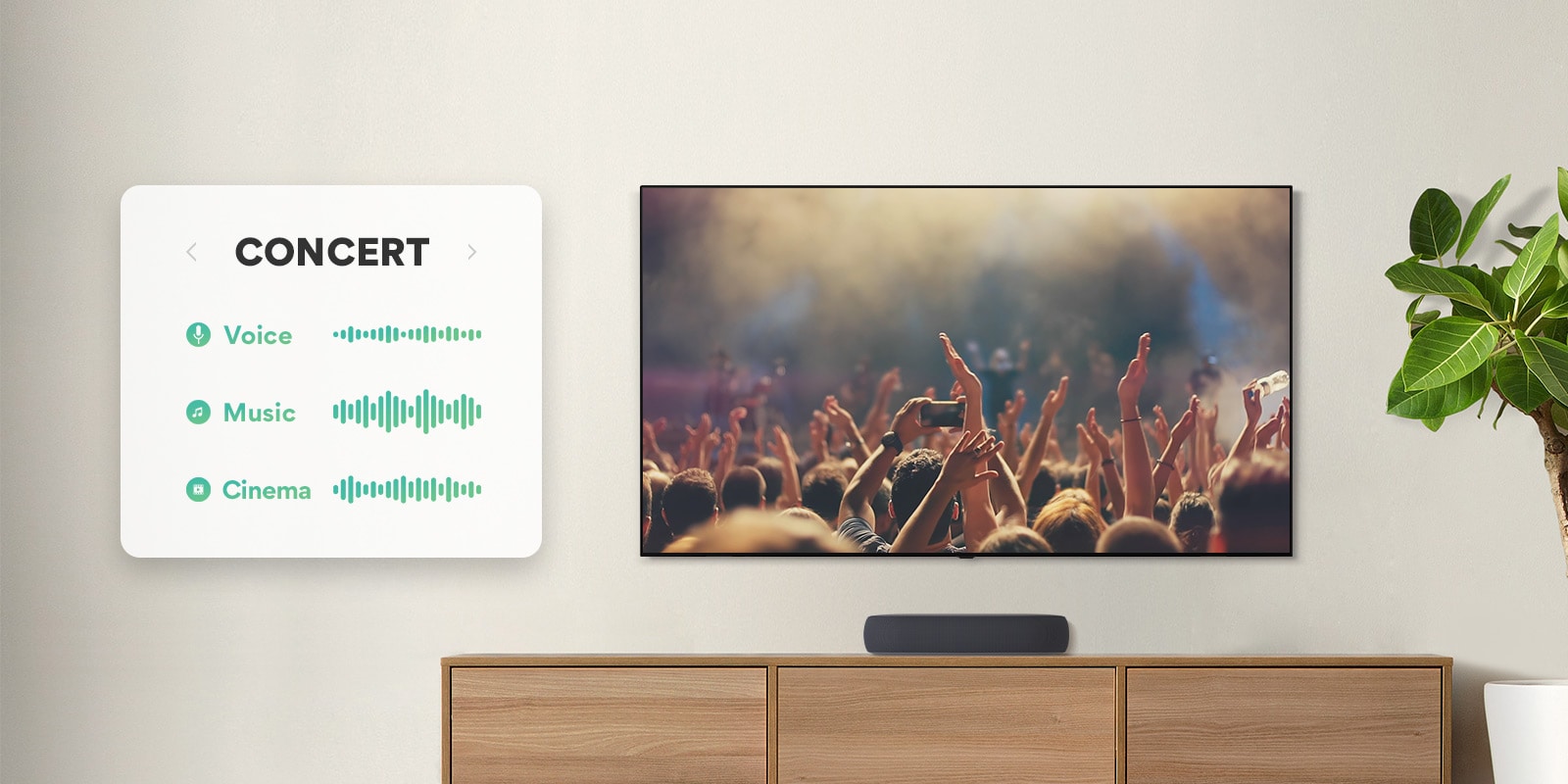 A TV está na parede. A TV mostra pessoas batendo palmas em um concerto; o canal muda para uma cena de filme com um carro em uma floresta; e muda novamente para um canal de notícias, no qual há um âncora falando. A Sound Bar LG está logo abaixo da TV, em um rack de madeira.