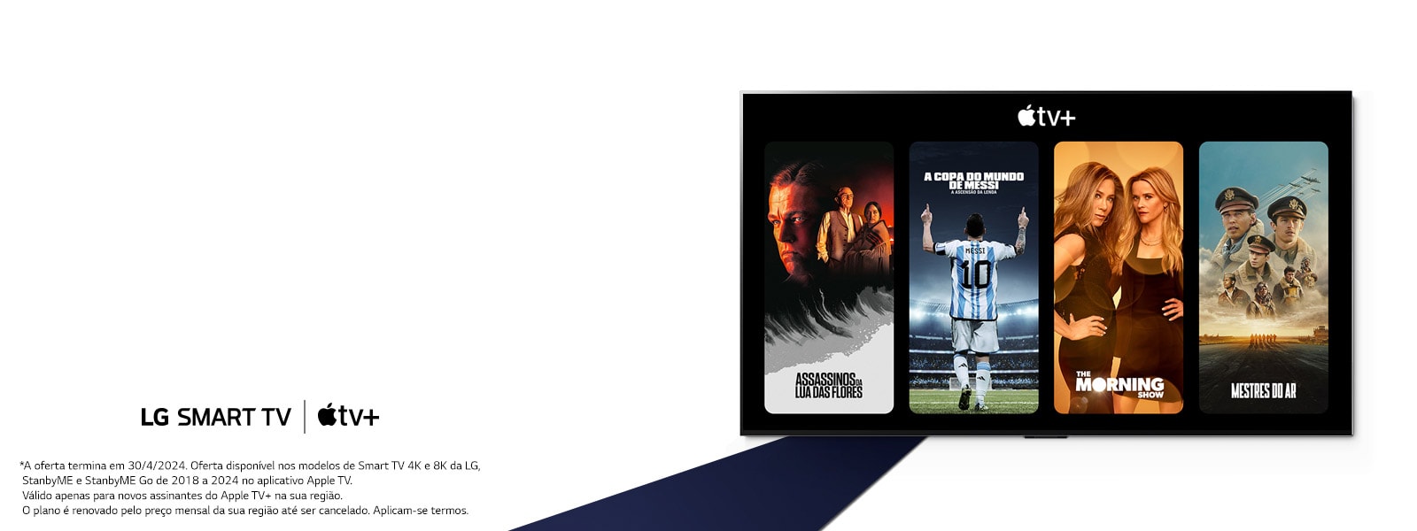 Uma imagem da TV OLED da LG. O conteúdo da Apple TV+ está na tela com o título “Receba três meses de Apple TV+ grátis com as Smart TVs da LG.”