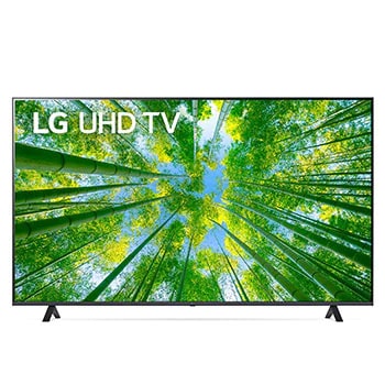 Vista frontal da TV LG UHD com imagem de preenchimento e logotipo do produto sobre si1