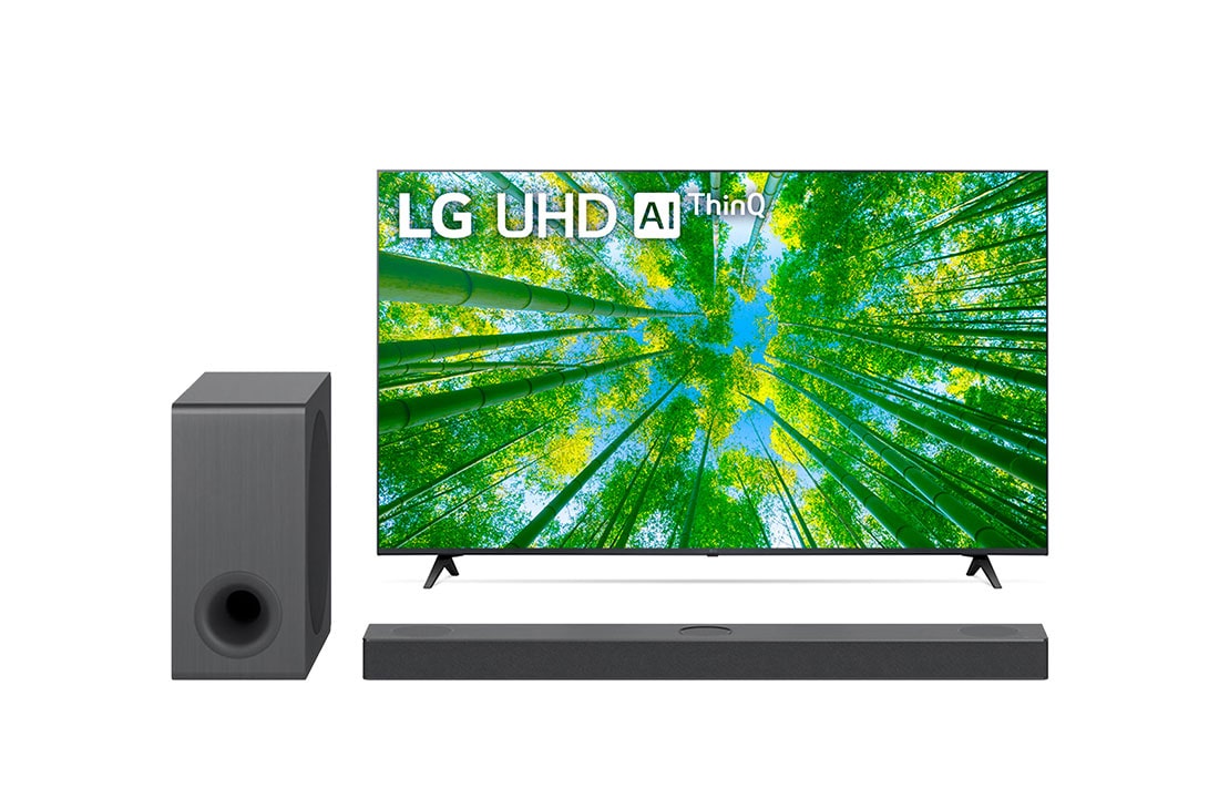 LG COMBO TV LG 60'' 4K UHD 60UQ8050 + LG XBOOM SOUND BAR SNH5 600W RMS 4.1 CANAIS, Front View, 60UQ80