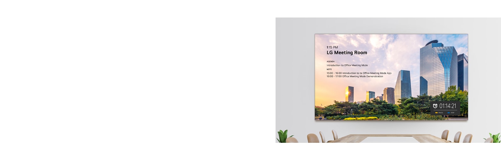 La serie LAPA, que muestra los detalles de la sala de reuniones, como el número de sala, el orden del día de la reunión, el temporizador, etc., a través de su modo de reunión de oficina, se instala en la pared de la sala de reuniones.