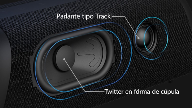 Vista Diagonal de LG XBOOM Go XG7, mostrando el parlante de tipo Track y el Twitter en forma de cúpula