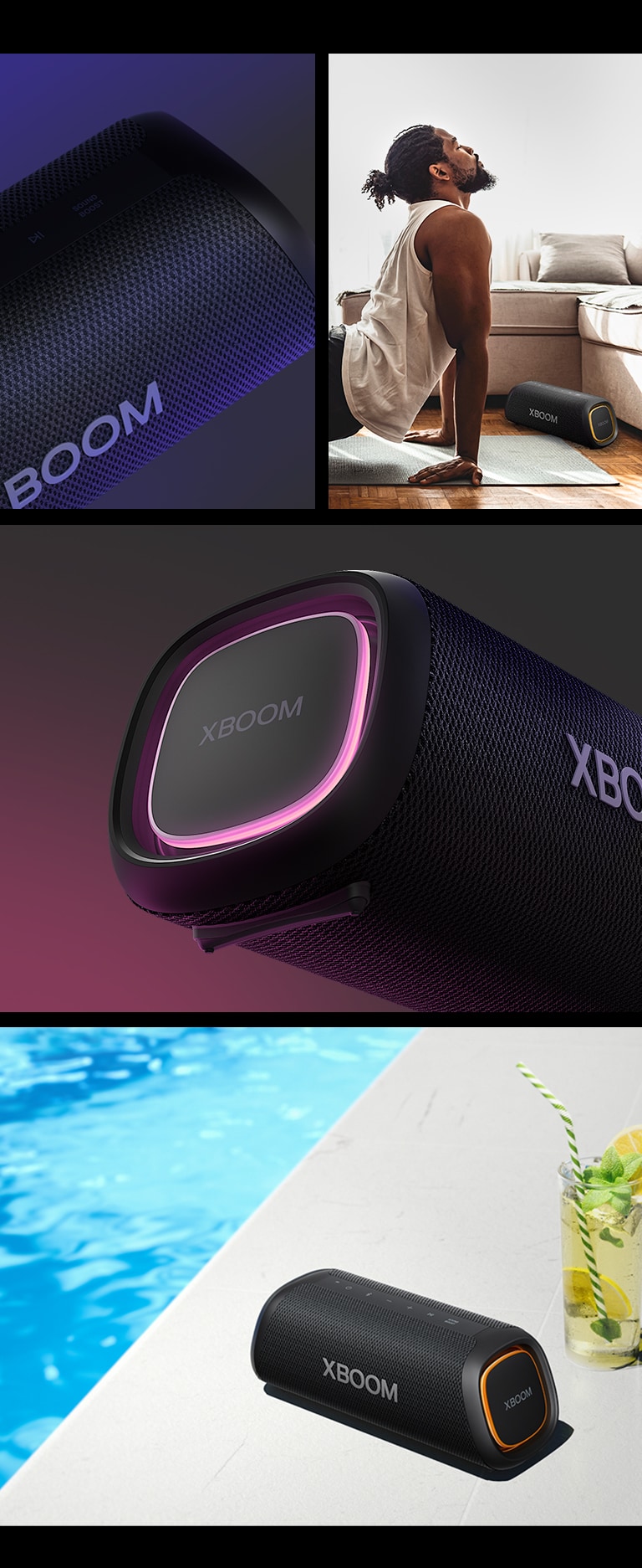 Desde la izquierda, vista de cerca del LG XBOOM Go XG7. A continuación, se coloca una imagen de un hombre haciendo yoga, encima del LG XBOOM Go XG7 mate. A la derecha, de arriba a abajo: primer plano del altavoz con iluminación rosa. El altavoz con iluminación naranja y una limonada se colocan junto a la piscina.