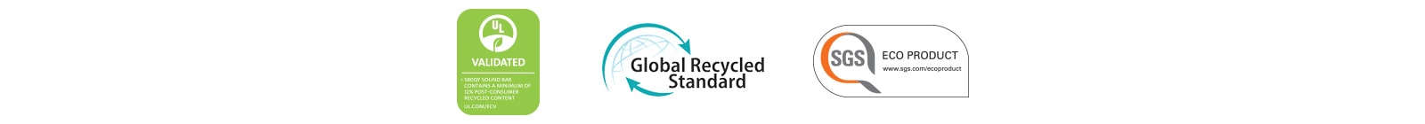 Desde la izquierda, se muestran UL VALIDATED (logotipo), Global Recycled Standard (logotipo), SGS ECO PRODUCT (logotipo).
