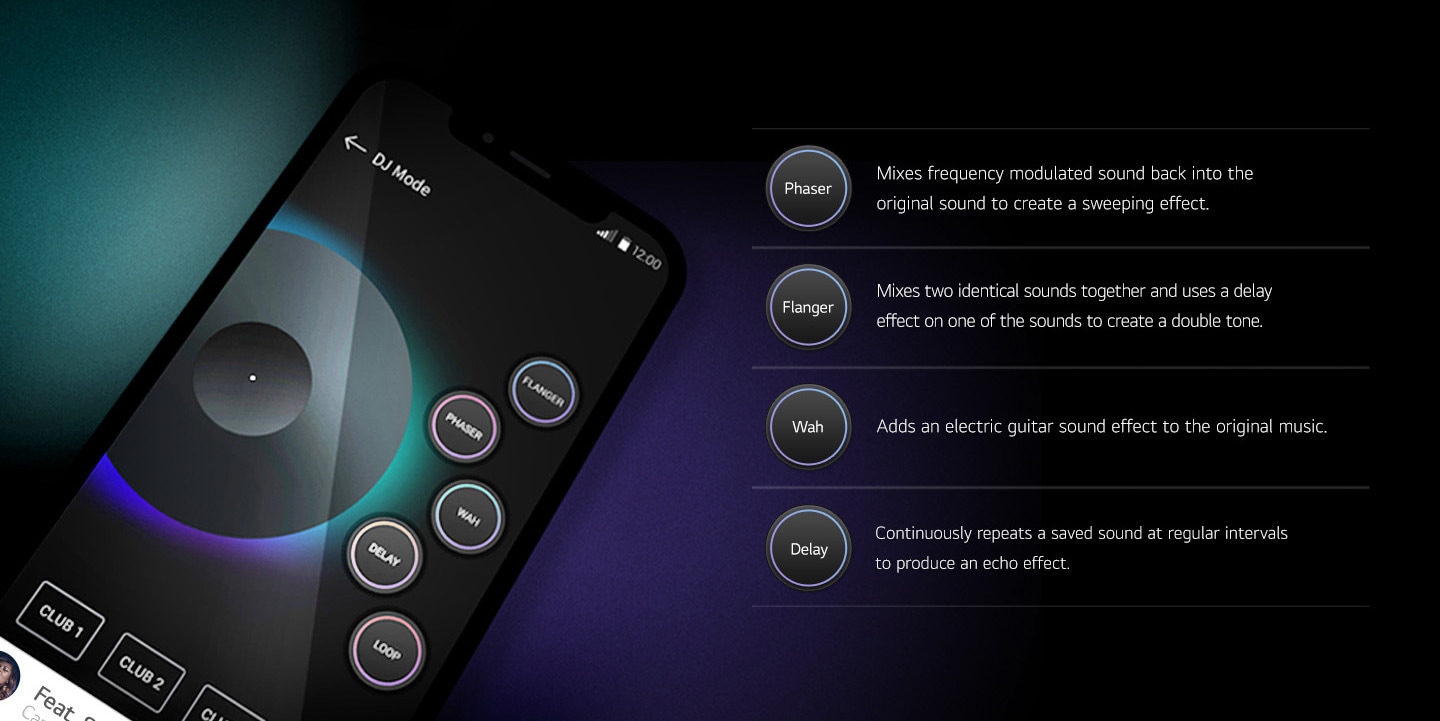 La imagen muestra un fondo degradado verde y morado. Un teléfono inteligente se coloca en un ángulo de 45 grados contra el fondo. La interfaz de usuario del teléfono inteligente muestra los modos DJ.