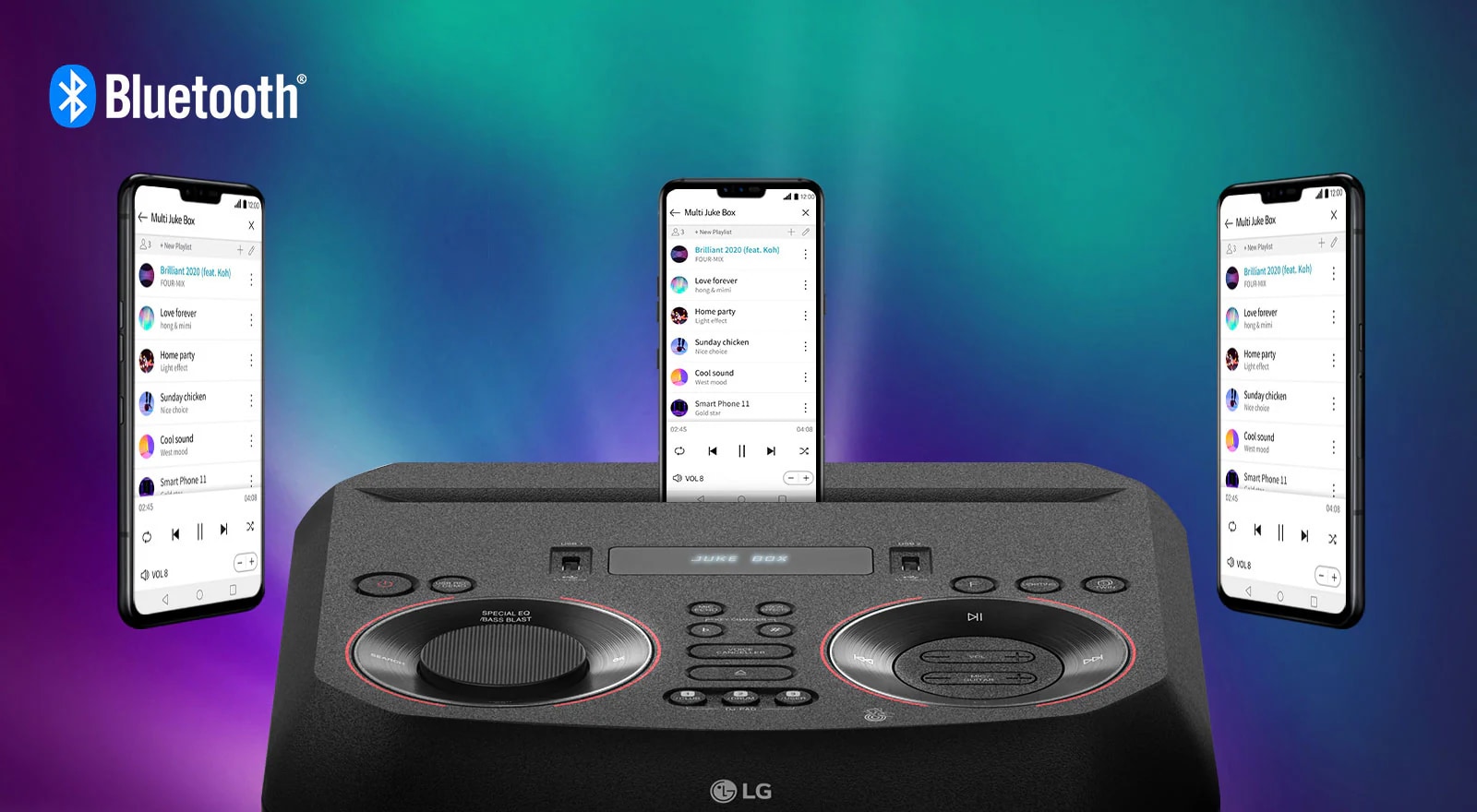 Un celular inteligente está en un LG XBOOM con otros dos celulares inteligentes flotando a su alrededor. Logo de Bluetooth en la esquina superior izquierda.