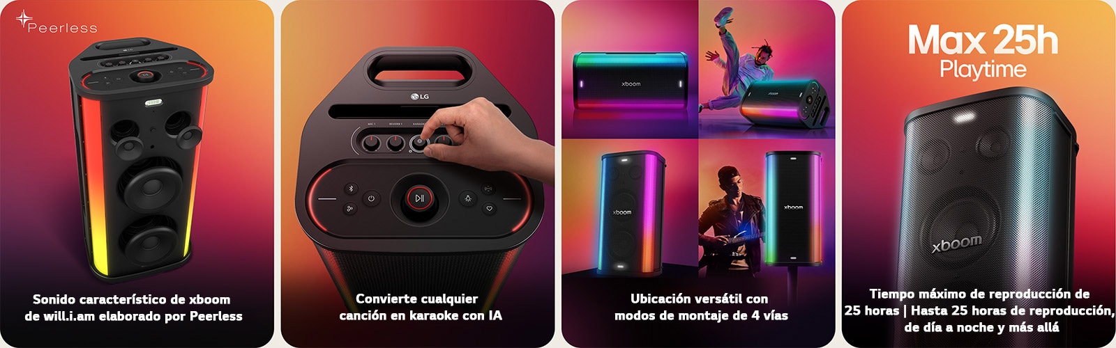 1) LG xboom Stage 501, un potente altavoz para fiestas con sonido característico sintonizado por Peerless e iluminación incorporada 2) LG xboom Stage 501, controles de ajuste manual en el altavoz para fiestas para convertir cualquier canción en un karaoke con tecnología de IA 3) LG xboom Stage 501, un altavoz para fiestas mostrado en diferentes configuraciones que muestra modos de montaje versátiles de 4 vías 4) LG xboom Stage 501, un altavoz para fiestas que ofrece hasta 25 horas de reproducción con batería, de día a noche y más allá