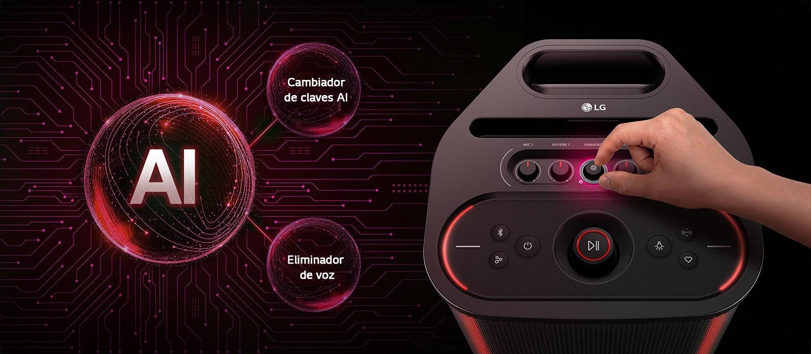 Altavoz LG xboom Stage 501 que muestra las funciones AI Karaoke Master, con controles AI Key Changer y Voice Remover que se utilizan para convertir cualquier canción en karaoke.