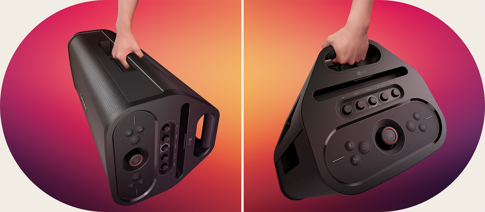 El altavoz LG xboom Stage 501 se transporta vertical y horizontalmente con una mano, destacando la portabilidad con una sola mano y un transporte fácil y sin esfuerzo a donde quiera que vaya