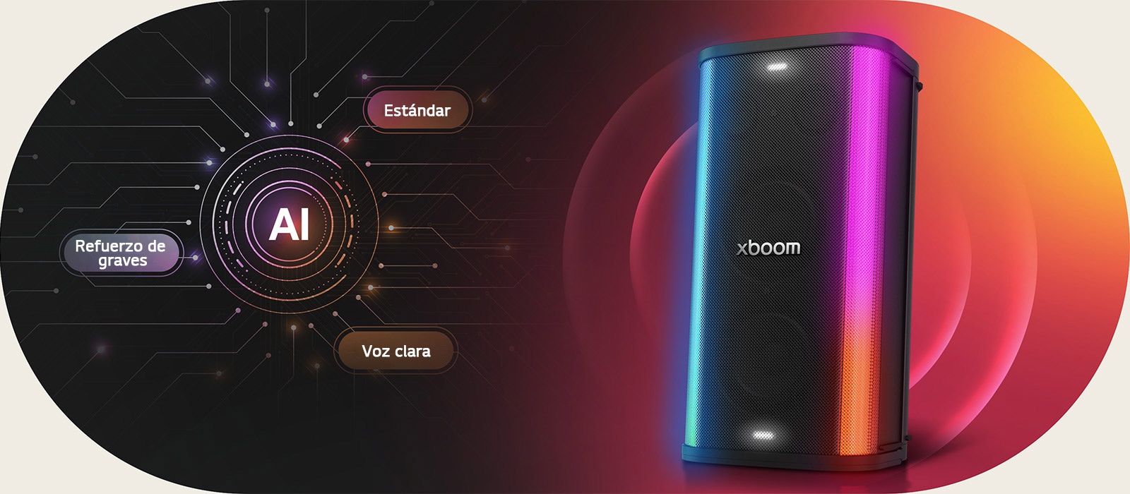 Altavoz para fiestas LG xboom Stage 501 que muestra iluminación LED, ilustra AI Sound, ajusta automáticamente el ecualizador para Bass Boost y una reproducción de voz más clara.