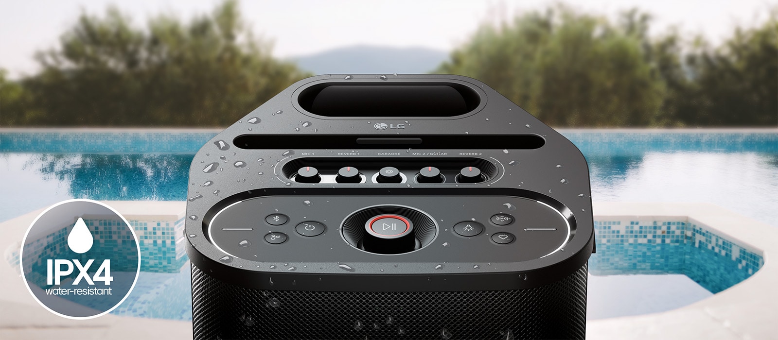 Altavoz LG xboom Stage 501 IPX4, un altavoz bluetooth resistente al agua que te permitirá disfrutar de la música al aire libre sin preocuparte por el agua