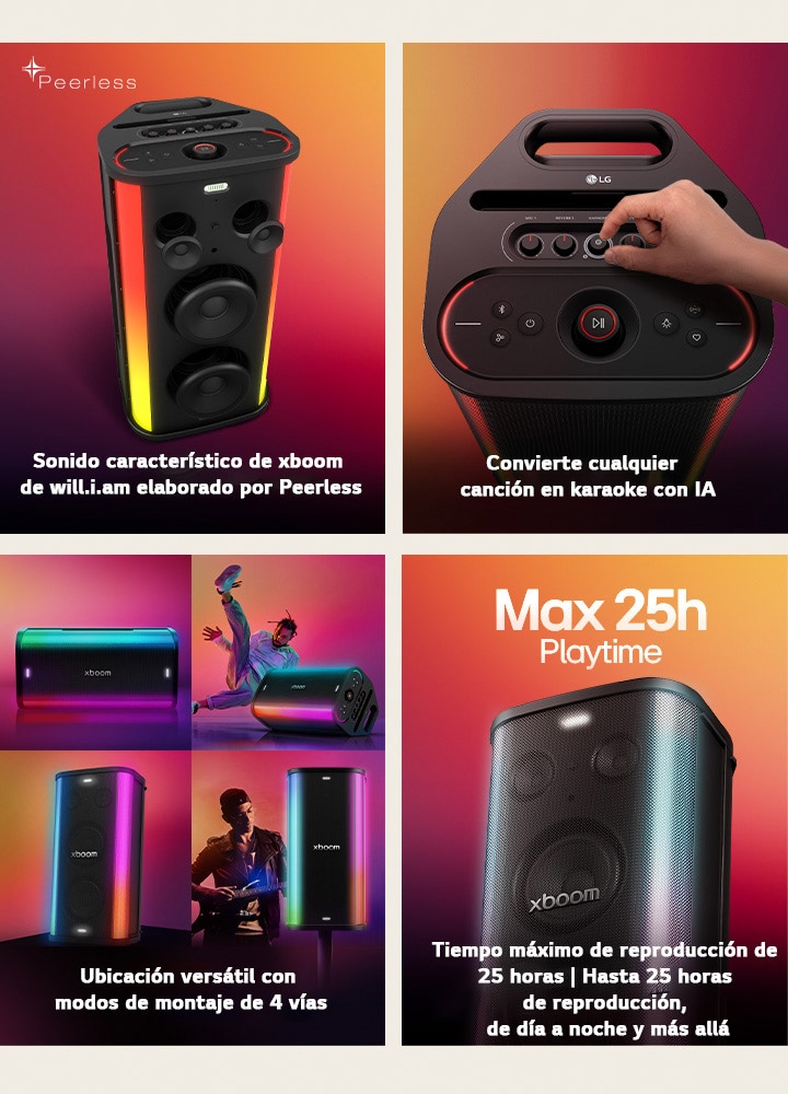 1) LG xboom Stage 501, un potente altavoz para fiestas con sonido característico sintonizado por Peerless e iluminación incorporada 2) LG xboom Stage 501, controles de ajuste manual en el altavoz para fiestas para convertir cualquier canción en un karaoke con tecnología de IA 3) LG xboom Stage 501, un altavoz para fiestas mostrado en diferentes configuraciones que muestra modos de montaje versátiles de 4 vías 4) LG xboom Stage 501, un altavoz para fiestas que ofrece hasta 25 horas de reproducción con batería, de día a noche y más allá