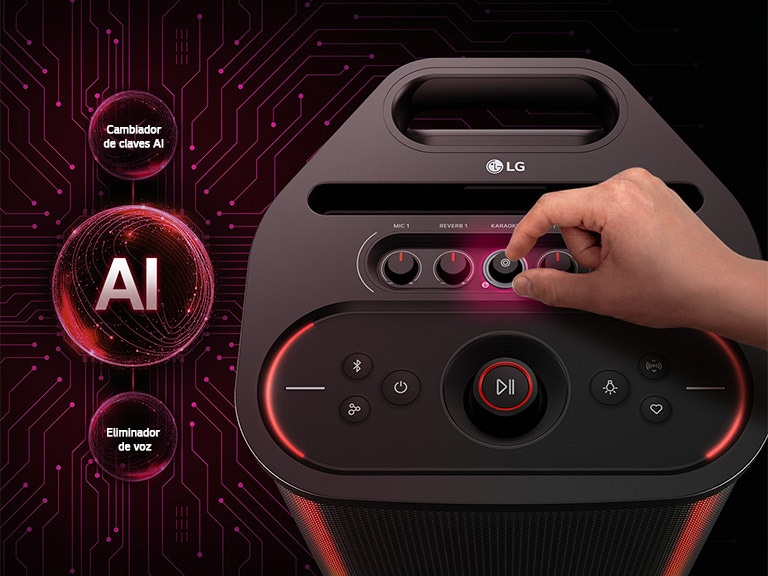 Altavoz LG xboom Stage 501 que muestra las funciones AI Karaoke Master, con controles AI Key Changer y Voice Remover que se utilizan para convertir cualquier canción en karaoke.