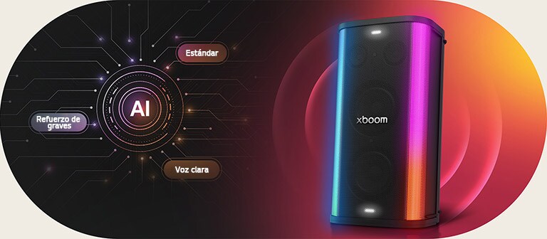 Altavoz para fiestas LG xboom Stage 501 que muestra iluminación LED, ilustra AI Sound, ajusta automáticamente el ecualizador para Bass Boost y una reproducción de voz más clara.