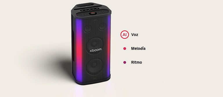 Altavoz LG xboom Stage 501 con colorida iluminación LED de doble barra, que muestra iluminación AI sincronizada con música para un diseño de fiesta inmersivo