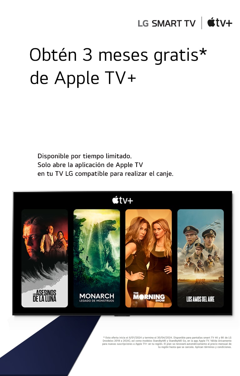 Image d'un téléviseur LG OLED. Le contenu d'Apple TV+ s'affiche à l'écran et le titre est "Get three months of Apple TV+ free with LG Smart TVs" (Trois mois d'Apple TV+ gratuits avec les Smart TV de LG).