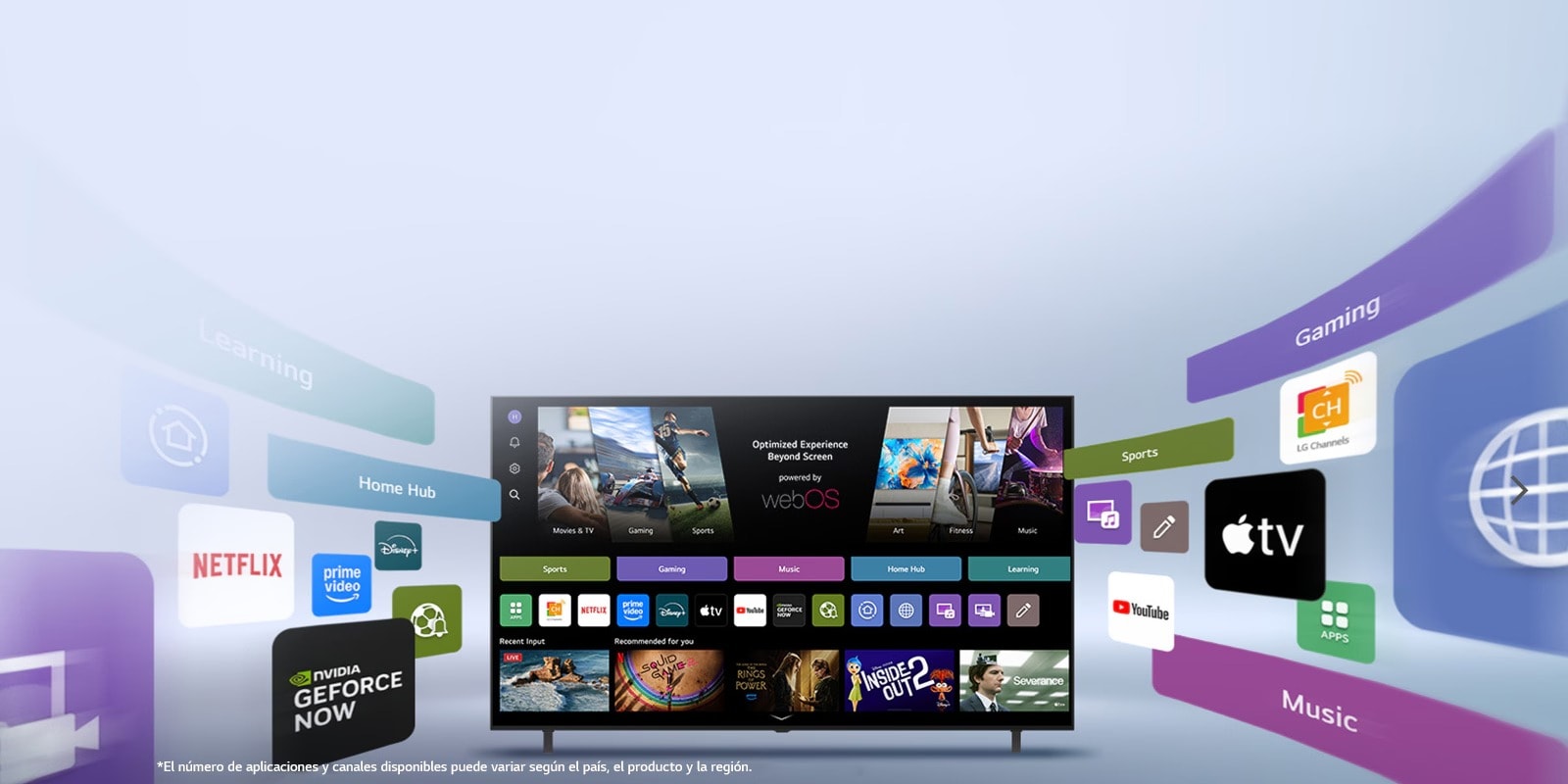 LG Smart TV mostrando la pantalla de inicio de webOS con aplicaciones de entretenimiento y elementos de interfaz de usuario de LG Channels que se extienden dinámicamente hacia fuera, destacando más de 4000 aplicaciones y canales globales.