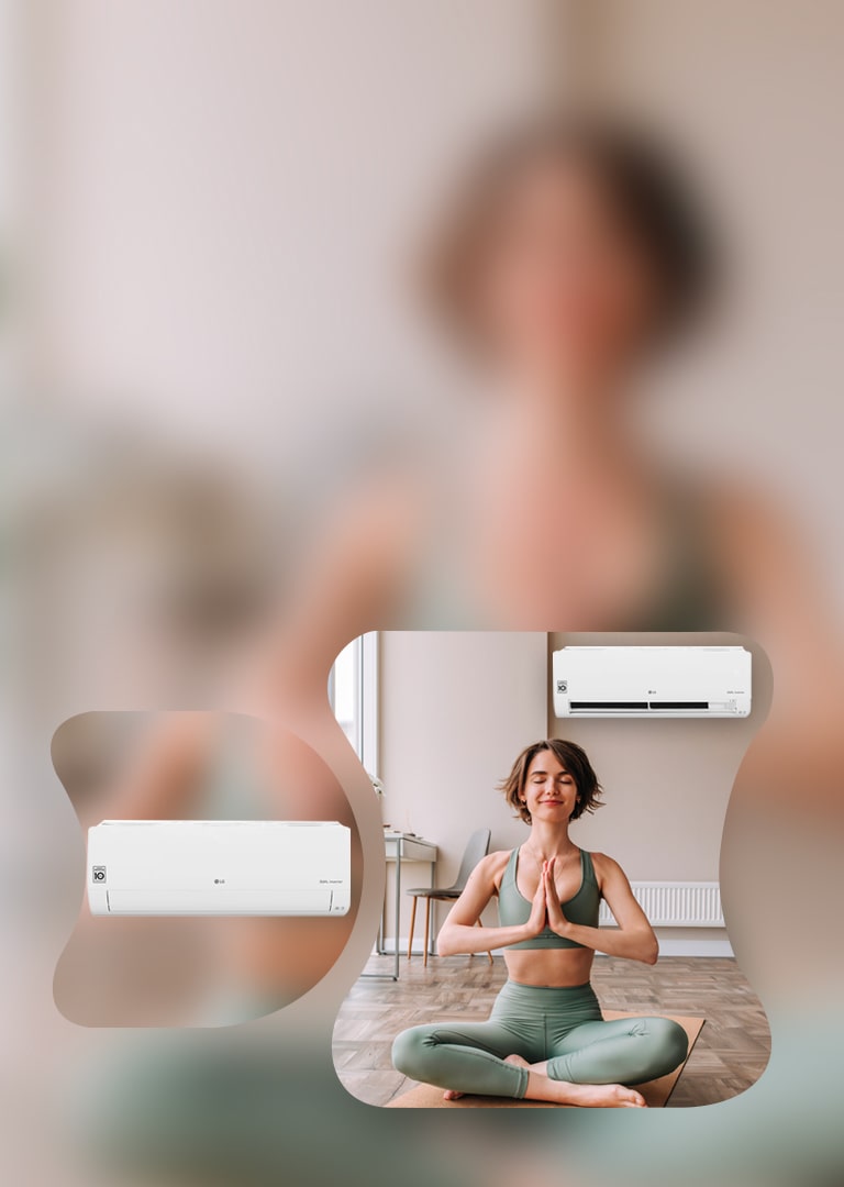 En la parte superior de la imagen aparece un aire acondicionado LG con líneas azules que salen imitando el aire frío. Justo delante del acondicionador de aire hay una imagen del Dual Inverter Compressor de LG. Una mujer se ubica en la corriente de aire fresco haciendo yoga y sonriendo. En primer plano hay un hombre y una mujer que se sonríen mutuamente, mientras sostienen la tabla de consumo de energía de LG.